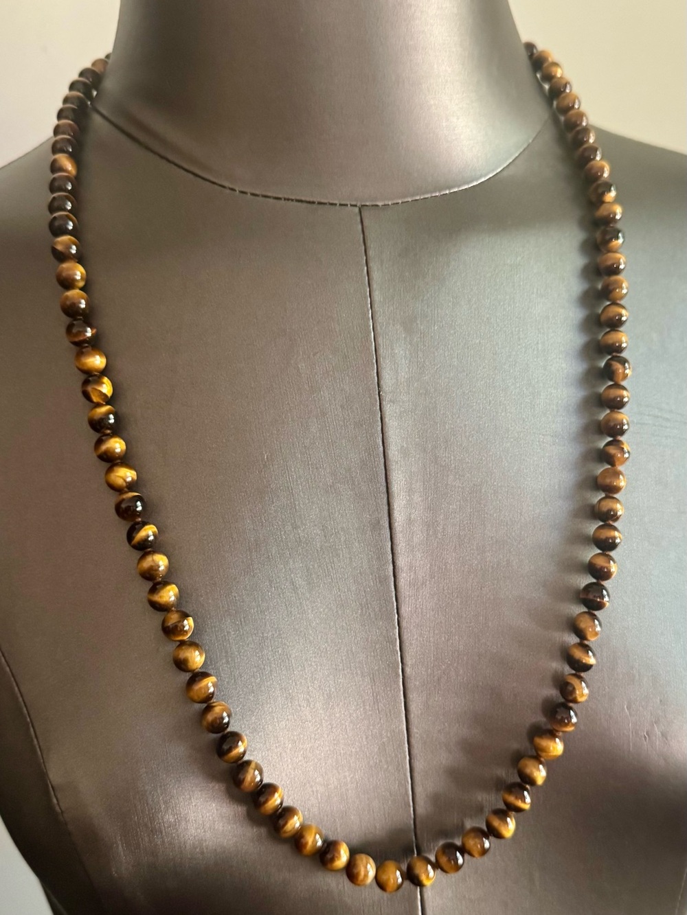Polished Tiger Eye Bead Necklace — Brown & Gold Elegance